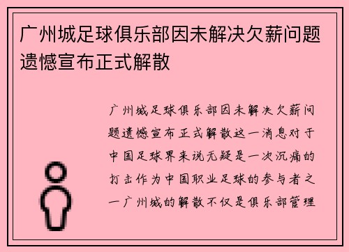 广州城足球俱乐部因未解决欠薪问题遗憾宣布正式解散